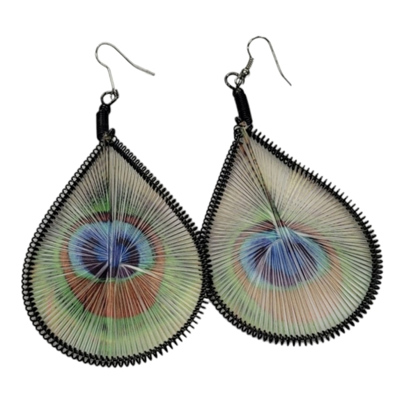 Green Blue Woven Teardrop Peacock Earrings - Picture 2 of 4